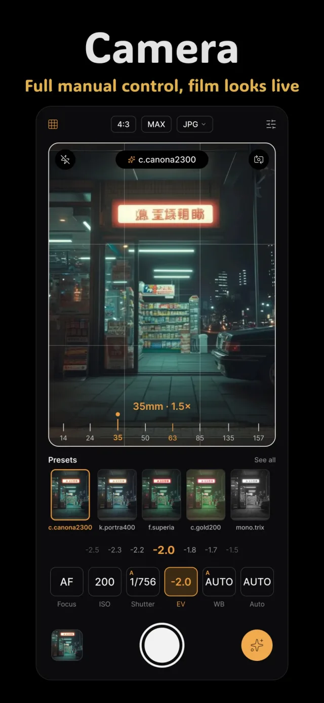Fimii built-in manual camera with focus, ISO, shutter, and EV controls and live film looks