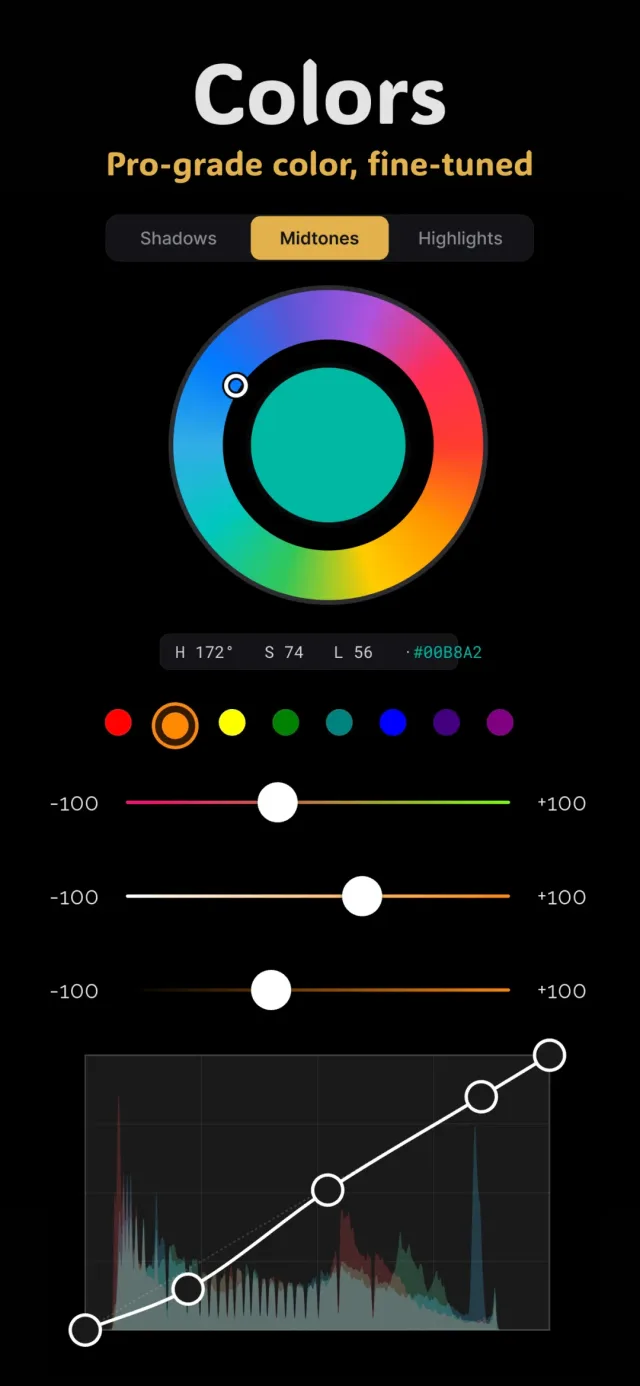 Fimii pro color grading with three-way color wheels, HSL, and tone curve
