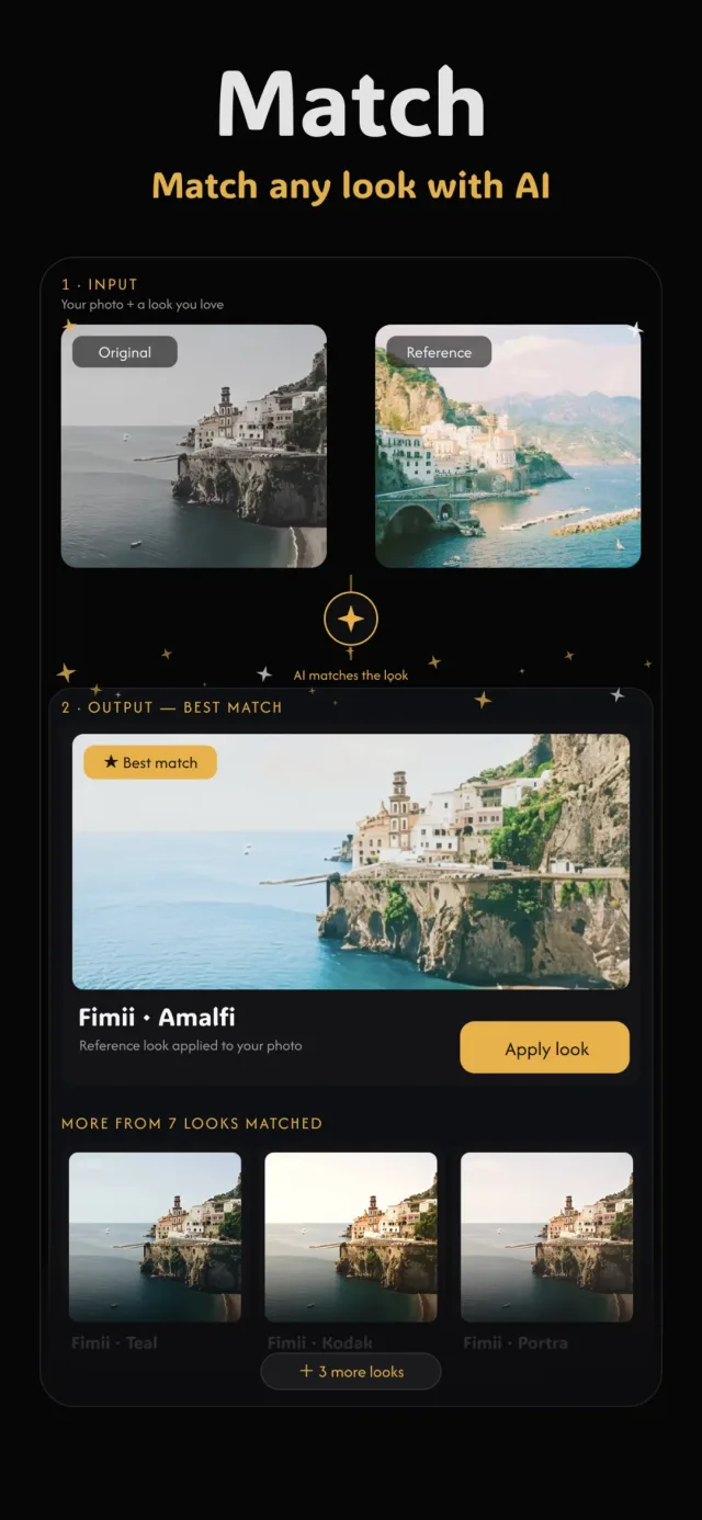 Fimii Match screen recreating a reference photo's look on the user's own photo with AI