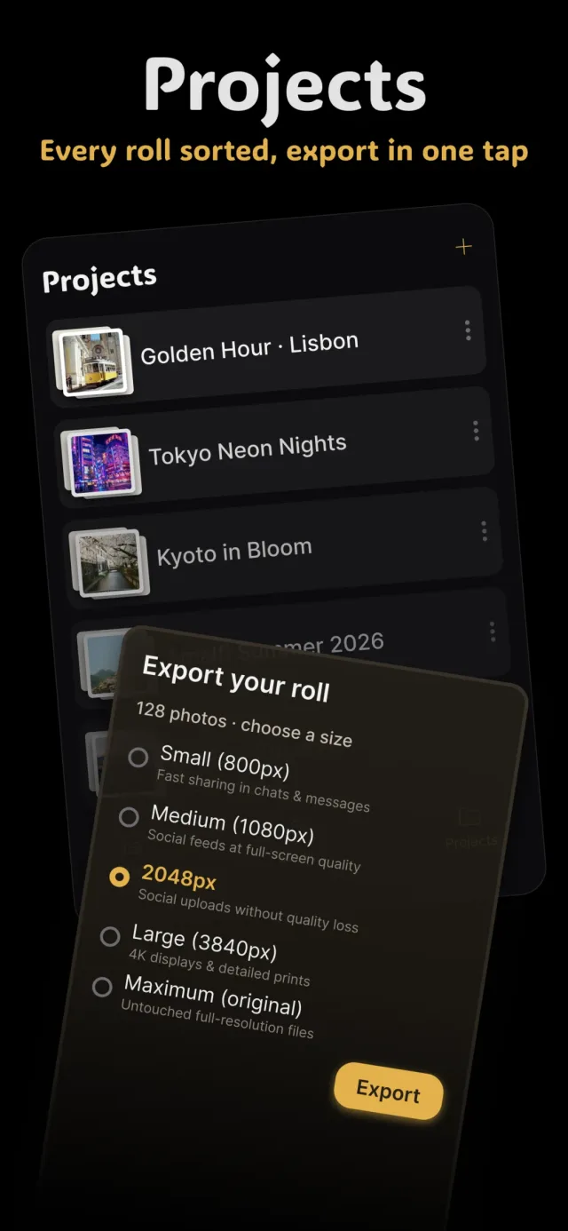 Fimii Projects screen with sorted photo rolls and one-tap high-quality batch export