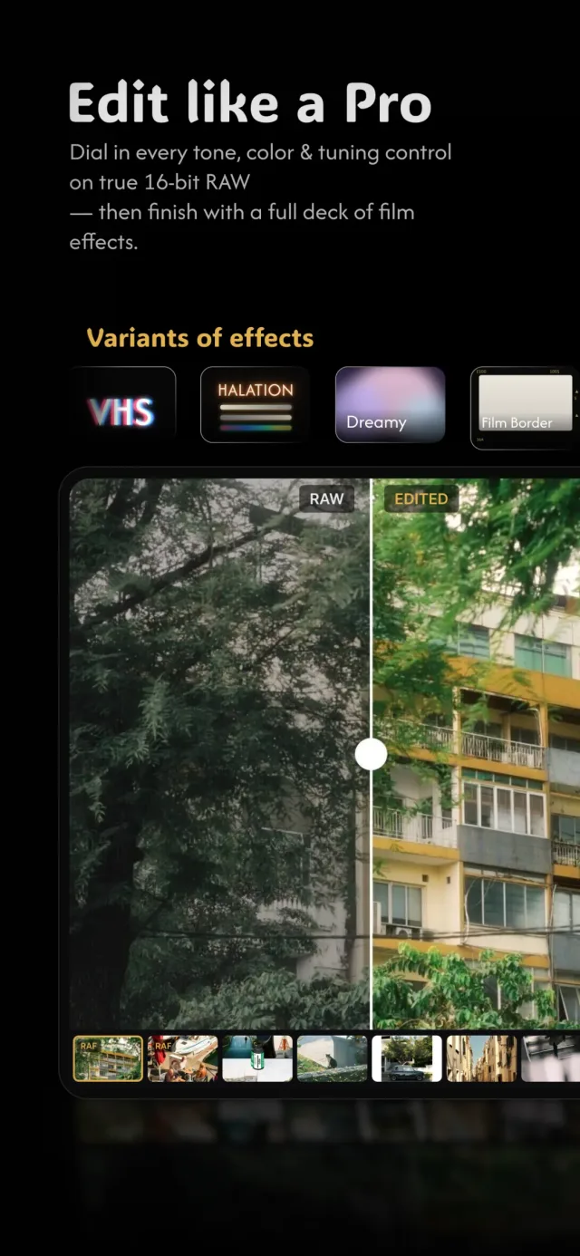 Fimii 16-bit RAW develop with before-and-after comparison on a real photo